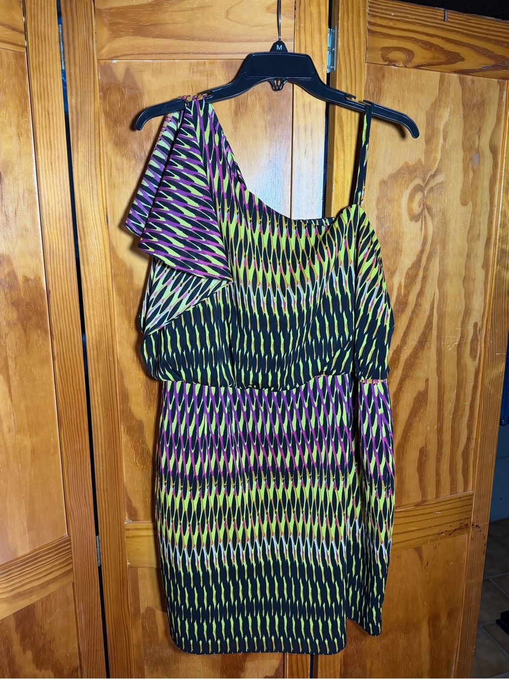 Calvin Klein One-Shoulder Geometric Printed Dress in Black, Purple & Lime| 14